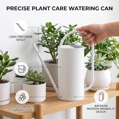 Long Spout Watering Can, 1500ml 304 Stainless Steel (White) - Image 7
