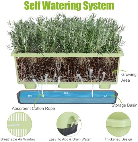 Window Box Planter 4 Packs, 17 Inches Rectangle Flower Pots with Drainage Holes & Trays, Pots for Vegetables, Herbs, Flowers, Garden Windowsill Balcony (Light Green, 17 * 5.1 * 6 inch) - Image 5