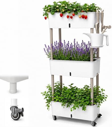 3-Tier 46.7"H Rolling Raised Garden Bed with Wheels, Self Watering Planter Box with Visible Water Level, Gray Rustproof Plastic Herb & Strawberry Planter for Indoor Outdoor Vegetables Flowers, DIY Kit by SORANGEUN