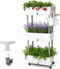 3-Tier 46.7"H Rolling Raised Garden Bed with Wheels, Self Watering Planter Box with Visible Water Level, Gray Rustproof Plastic Herb & Strawberry Planter for Indoor Outdoor Vegetables Flowers, DIY Kit by SORANGEUN