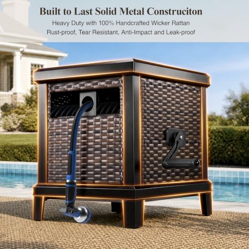 150FT Wicker Rattan Garden Hose Reel Hideaway Storage Deck Box, Metal Frame - Image 4