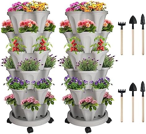 GameXcel Vertical Planter Tower - 6 Tier Stackable Garden Planters with Wheels and Tools Plant Pots for Strawberry Herb Flower and Vegetable Indoor Outdoor Use Gray 2 Pack by GameXcel