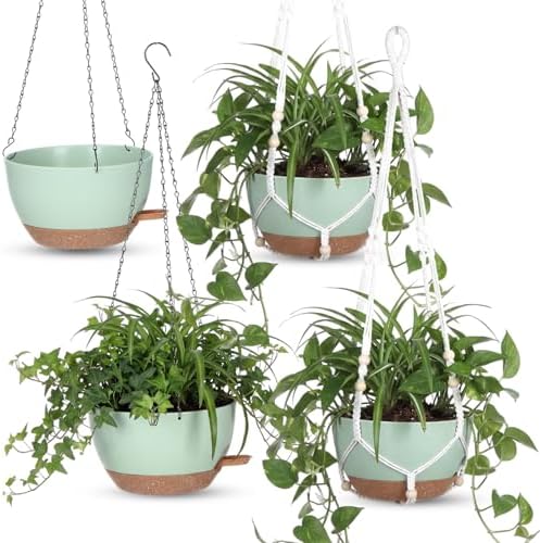 Sliner Set of 4-10 Inch Self Watering Hanging Planters Includes Hanging Pots and Outdoor Hanger Plant Pots with Drainage Holes 2 Types of Hanger Basket Hooks for Patio Garden(Green Brown) by Sliner