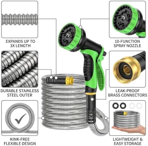 25FT Stainless Steel Garden Hose with 10-Pattern Spray Nozzle - Image 2