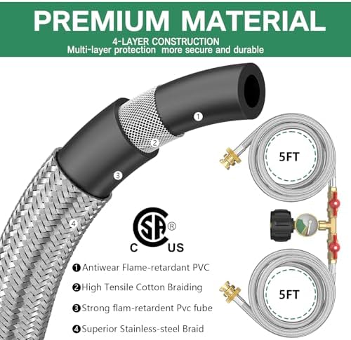 Upgraded 5FT Propane 2 Way Splitter Adapter Hose Stainless Braided Y Splitter Hose 1 lb to 20 lb Converter with Shut Off Valve with Gauge Propane Hose Adapter 1lb LP Appliances to QCC1 5-40lb Tank - Image 5