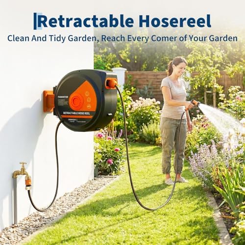 Garvee Retractable Garden Hose Reel 1/2'' 130FT, Auto Rewind Hose with 10 Pattern Nozzle, Lock Any Length Water Hose, Wall Mounted 180° Swivel Bracket, 3-Layer PVC Hose with Brass Couplings - Image 2