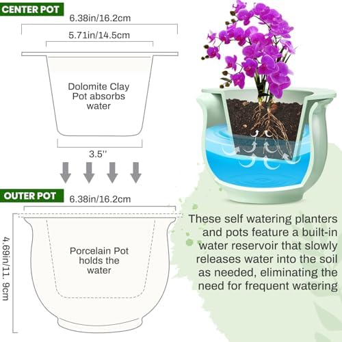 Suclain 2 Pack Ceramic African Violet Pots Self Watering Plant Pot Effortless Self Watering Plant Flower for Busy Lovers, Indoor(Green,6.5 Inch) - Image 2