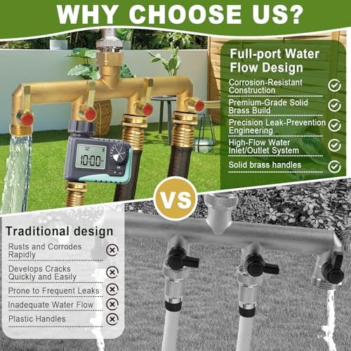 Brass Garden Hose Splitter 2/3/4 Way, Hose Splitter with Metal Shutoff Valve, Heavy Duty Outdoor Faucet and Garden Connector, Brass Extension Handle, 3/4” GHT Threads - Image 3