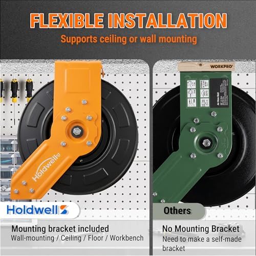 Retractable Air Hose Reel, 1/2" x 50FT Hybrid Air Hose, 300PSI Max, Auto-Rewind & Length-Lock, 1/2" NPT Fitting, Ceiling/Wall Mount Heavy Duty Single Arm Steel Reel for Workshop/Garage - Image 6