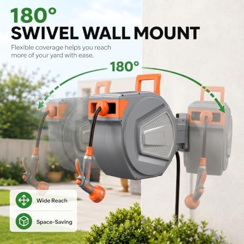 Retractable Garden Hose Reel, 130FT Wall Mounted Auto Rewind Water Hose Reel with 180° Swivel Bracket, Any Length Lock, Kink-Free Hose Guide, Multi-Pattern Spray Nozzle for Yard, Lawn & Outdoor - Image 6