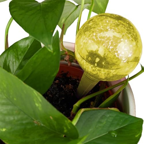 Relaxdays Set of 4 Glass Watering Globes, H x D: 15 x 6 cm, Watering Balls for Plants, Watering Aid Holiday, Yellow - Image 5