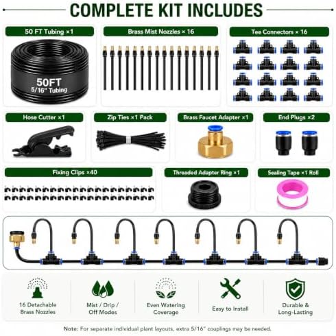 50FT 5/16" Garden Watering Kit with 16 Brass Nozzles - Image 2