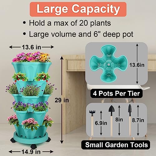 DUNCHATY Stackable Planter, Vertical Garden Planter with Wheels and Garden Tools, Strawberry Planter Indoor/Outdoor 5 Tier Herb Planter Pots for Growing Vegetables and Succulents,Teal - Image 3