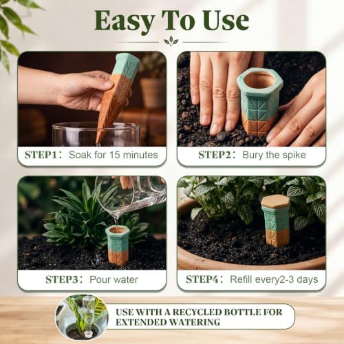 6 Pack Terracotta Watering Spikes with Lids and 3 Shovels Plant Watering Devices Wine Bottle Automatic Plant Slow Release Self Planting Stakes for 8”-12” Pots(7.09 x 1.97 x 1.97 Inches) - Image 3