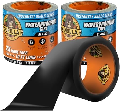 GORILLA Waterproofing Tape, Black, 4" x 10', 2-Pack, Permanent Seal by Gorilla