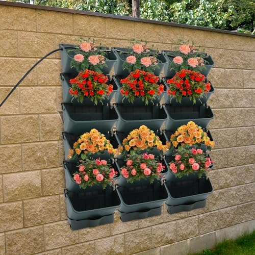 Self-Watering Wall-Mounted Planter, 18 Pots Wall Mounted Plastic Plant Grow Pot Vertical Garden Planter with Intelligent Control & Adjustable Irrigation System for Indoor Outdoor (Green, 18 Pots) - Image 3