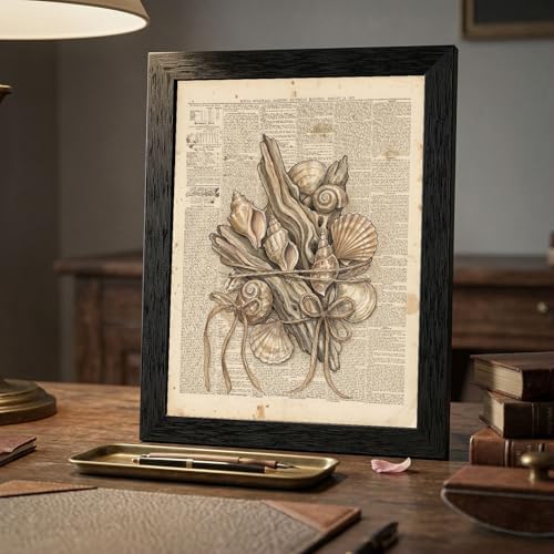 Framed Canvas Wall Art Vintage Seashells and Driftwood Muted Tones on Newspaper Print Canvas Print Poster Black Frame Wall Decor for Living Room Coastal Art, Ocean Decor - 24x36 Inch - Image 7