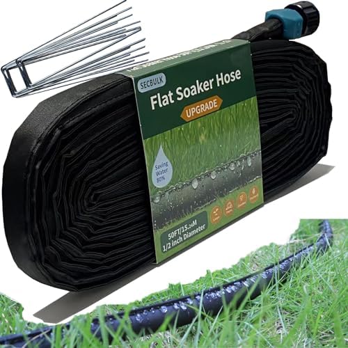 Secbulk 2026 Flat Soaker Hose 50 ft with Stakes for Garden, 50ft Linkable Drip Hose Diy Garden Irrigation System Saving 80% Water, Dual-layer Leak-free Design Water Hose with Holes by Secbulk