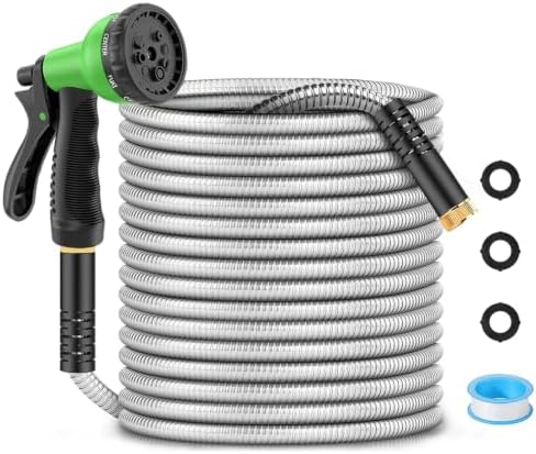 25FT Heavy‑Duty Metal Garden Hose, Stainless Steel Water Hose with 8‑Function Spray Nozzle, Leak‑Proof Brass Connectors by Unknown