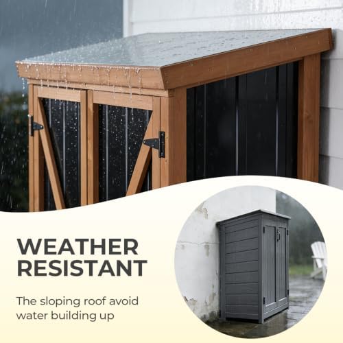 Tall Outdoor Storage Cabinet, 32" W x 16" D x 67" H Vertical Storage Shed with Wood Frame, Metal Panels, Padlock-Ready Double Doors, Sloped Roof and 3 Removable Shelves for Patio, Garden and Garage - Image 7