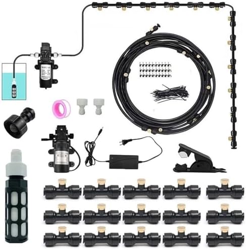 Outdoor Misting Cooling System Kit with 12V Pump, Patio Mister, Garden Cooling System DIY Micro Drip Irrigation System for Patio, Garden, Lawn, Home Irrigation(44M(144ft)) by Unknown