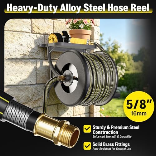 Heavy Duty Wall Mounted Garden Hose Reel, 130ft Rubber Hose 5ft Leader Hose - Image 2