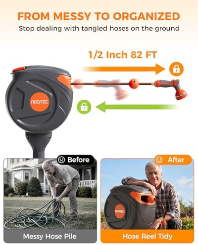 Retractable Garden Hose Reel 360° Swivel 82 ft 1/2 Inch Ground-Mounted Freestanding Water Hose Reel No-Drill Installation Any-Length Lock 20% Slow Return for Large Yard Lawn Car Washing - Image 3