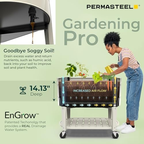 Permasteel Raised Garden Bed with Legs, Planter Box with EnGrow™ TrueSoil™ Technology for Vegetables, Flowers, Herbs, and Fruit, Outdoor Indoor, Storage Shelf, Caster Wheels, Ivory - Image 6