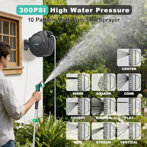 Retractable Garden Hose Reel - 1/2 in x 120 ft Automatic Wall Mount Heavy Duty Automatic Water Hose Reel with 9 Patterns Nozzle, Kink-Resistant Hose, 180° Swivel, Auto-Lock for Outdoor Watering - Image 6