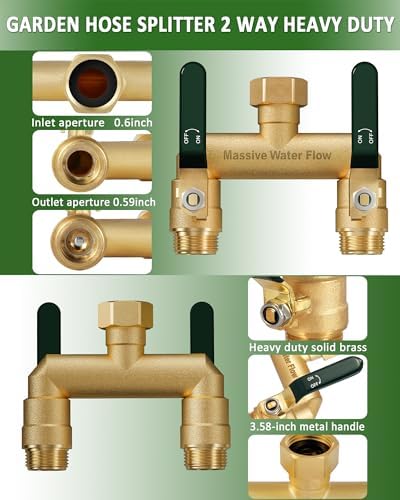 Hose Splitter 2 Way Heavy Duty, Full Flow Garden Hose Splitter with 2 Long Metal Handles, Brass Rust and Freeze Resistant Water Hose Bib Splitter, T Adapter Connector with 3/4 - Inch GHT Thread（Green） - Image 4