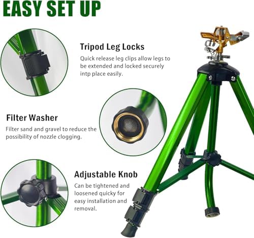 2 Pack 360° Rotating Brass Impact Sprinkler, Adjustable 16-37in Metal Tripod Sprinkler, 20-35FT Spray Range, 80PSI Max Pressure, 3/4in Standard Hose Connector for Lawn Yard Garden Irrigation - Image 4