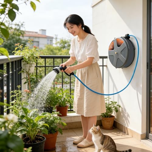 Maxcarl Retractable Water Hose Reel 1/2 in x 65 ft with Spray Gun, Wall Mounted High Pressure Hose Reel - Image 5