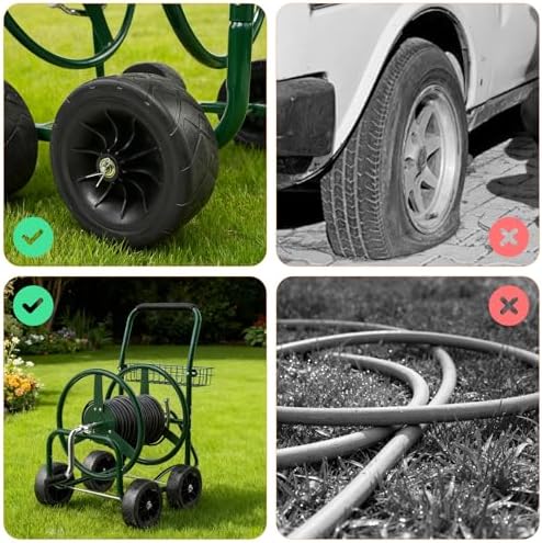 VINGLI 4-Wheel Garden Hose Reel Cart with Storage Basket, Portable Residential Hose Reel Cart, Lawn Watering, for Garden Backyard and Farm (Green 250FT) - Image 5