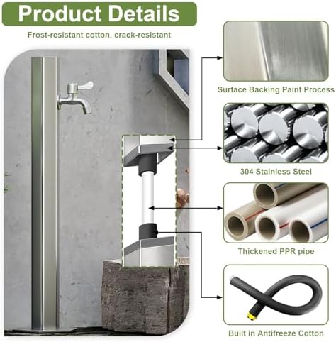 304 Stainless Steel, Outdoor Water Column Garden Water Tap, Antifreeze Hose Faucet Extender Water Column with Faucet, Frost Proof Hydrant for Yard(Short Height:50cm/19.7in) - Image 3