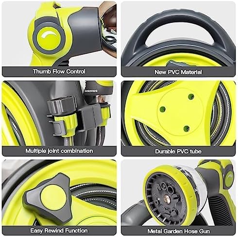YASHINE 50ft Retractable Garden Hose Reel, Portable Hose Reel, 45+5FT with 10 Patterns Spray Nozzle, Adapts to standard US hose plugs, Hose Reel for Garden Watering Car Washing Pet -Green - Image 2