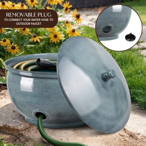 Monarch Abode Garden Hose Holder with Lid – Decorative Water Hose Holders for Outside, Smooth Metal Patina Pot with Drainage, 100ft Waterhose Holder for Outside, Garden Storage Caddy - Image 4