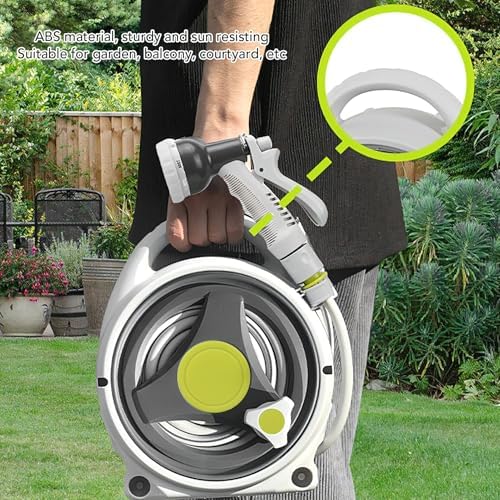 Portable Garden Hose Reel 50 ft, ABS Lightweight Hose Storage Tote with 9 Patterns Nozzle for Small Yard, Balcony & Patio, Manual Rewind & No Assembly Required - Image 3
