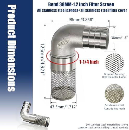 304 Stainless Steel Garden Hose Strainer, 90 Degree Elbow Inlet Filter Screen, Suitable for Water Pumps, Aquariums and Garden Irrigation, Including Hose Clamps and Sealing Tape (38mm 1-1/4inch) - Image 2
