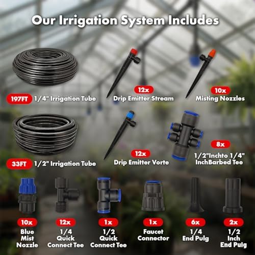 Drip Irrigation System 230FT Quick-Connect Drip Irrigation Kit with 1/4 inch 1/2 inch Irrigation Tubing Hose and Accessories for Lawn Raised Bed Greenhouse Plant Watering System - Image 2