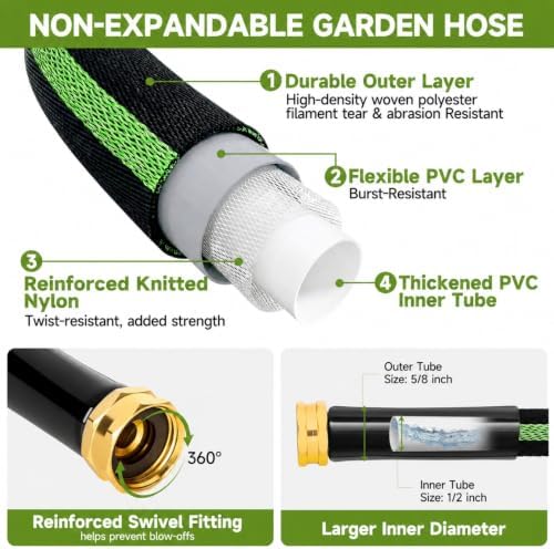 Garden Hose 100 ft Flexible Non-Expandable Water Hose Kink-Free Lightweight Leak-Proof High Pressure Durable Outdoor Portable Fabric Hoses Pipe with 3/4” Sturdy Fittings for Yard Lawn Car Wash - Image 2