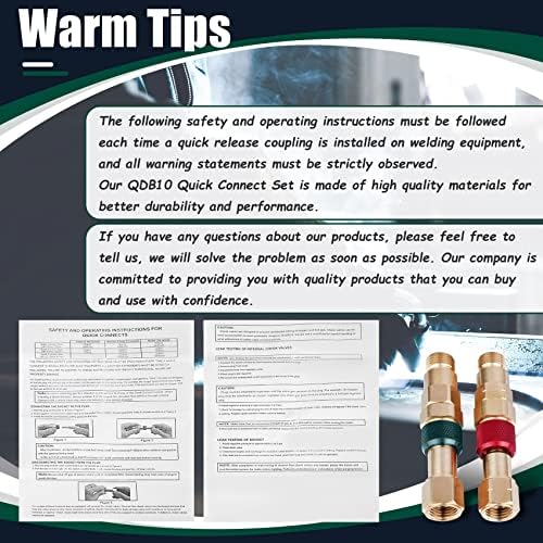 QDB10 Torch to Hose Quick Connect Kit, Precision Brass with Check Valves, 9/16" B Thread, Red Fuel/Green Oxygen Color Coded Couplers, 29PSI Fuel & 145PSI Oxygen Rated for Welding Cutting Torch Hoses - Image 6