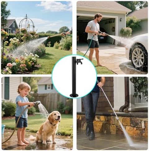 Outdoor Garden Irrigation Spigot Freestanding Garden Tap with Spray Gun, Black Stainless Steel Water Column, Weatherproof Hose Bib Patio, Lawn, Car Washing, Pet Bathing(Style 2,Height: 95cm/37.4in) - Image 6