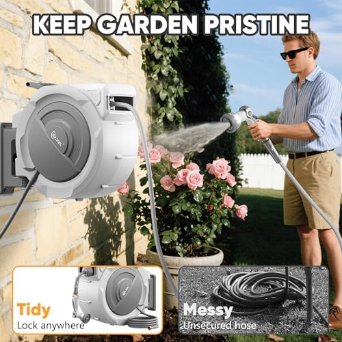 SILVEL Retractable Garden Hose Reel, 1/2 in x 115ft Wall Mount Heavy Duty Automatic Hose Reel with 10 Pattern Nozzle, Any Length Lock & Slow Return System, 180°Swivel Bracket Upgraded UV Resistant - Image 3