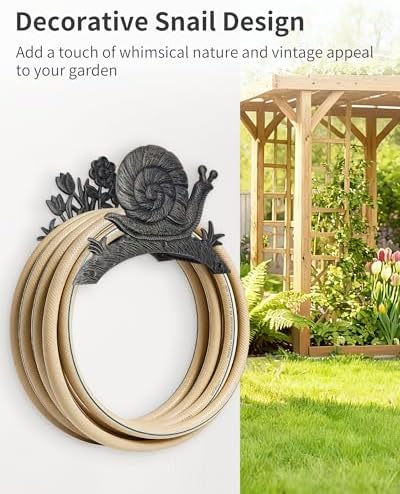 Cast Iron Garden Hose Holder Wall Mount, Rustic Heavy Duty Water Hose Hanger Storage Rack, Decorative Vintage Hose Reel Organizer for Outside Garden Yard Patio, Snail and Floral Design - Image 7