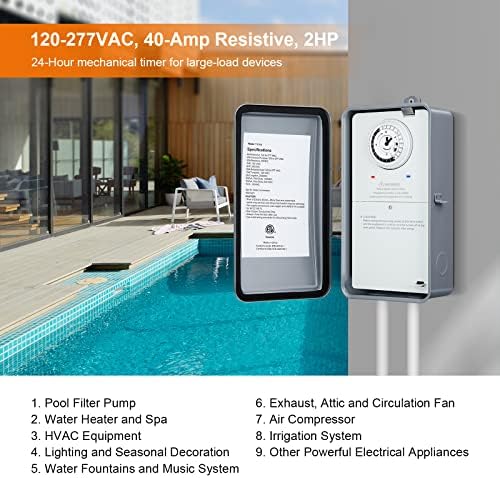 SURAIELEC Mechanical Pool Timer, 40Amp 2HP, 120/240/277VAC, Metal Enclosure - Image 6