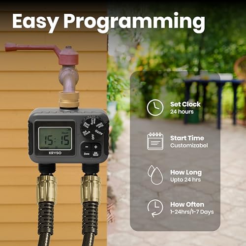 Kryso 2-Zone Sprinkler Timer with Brass Inlet & Outlet – Programmable Garden Hose Water Timer with Rain Delay, Manual & Automatic Irrigation Controller for Yard, Lawn & Outdoor Watering - Image 4