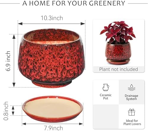 10.3 Inch Ceramic Planter with Saucer,Modern Garden Pots with Drainage Hole Mesh Net, for Indoor Outdoor Use (Speckle Red) - Image 6