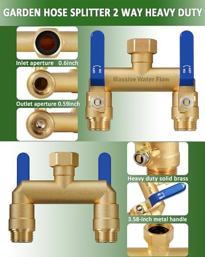 Hose Splitter 2 Way Heavy Duty, Full Flow Garden Hose Splitter with 2 Long Metal Handles, Brass Rust and Freeze Resistant Water Hose Bib Splitter, T Adapter Connector with 3/4 - Inch GHT Thread（Blue） - Image 4
