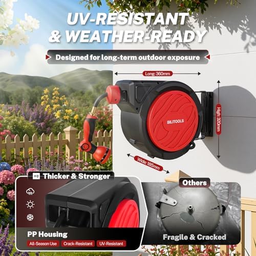 BILITOOLS Retractable Garden Water Hose Reel, 1/2" x 50 ft Wall Mount - Image 6
