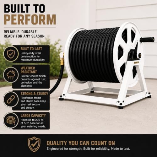 Dual Floor and Wall Mounted Garden Hose Reel, Holds 200ft of Water Hose, Heavy Duty Metal Hose Reel, Space Saving Hose Reel Organizer for Yard, Garage & Shed (White) - Image 6